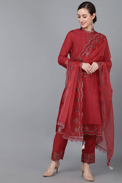 Women's Poly Silk Solid Embroidered Kurta Pants With Dupatta Set