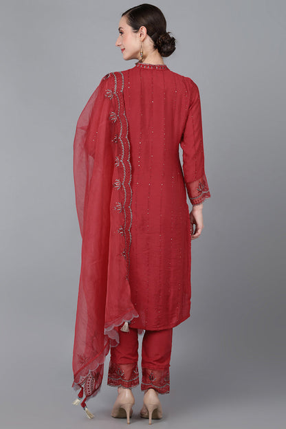 Women's Poly Silk Solid Embroidered Kurta Pants With Dupatta Set