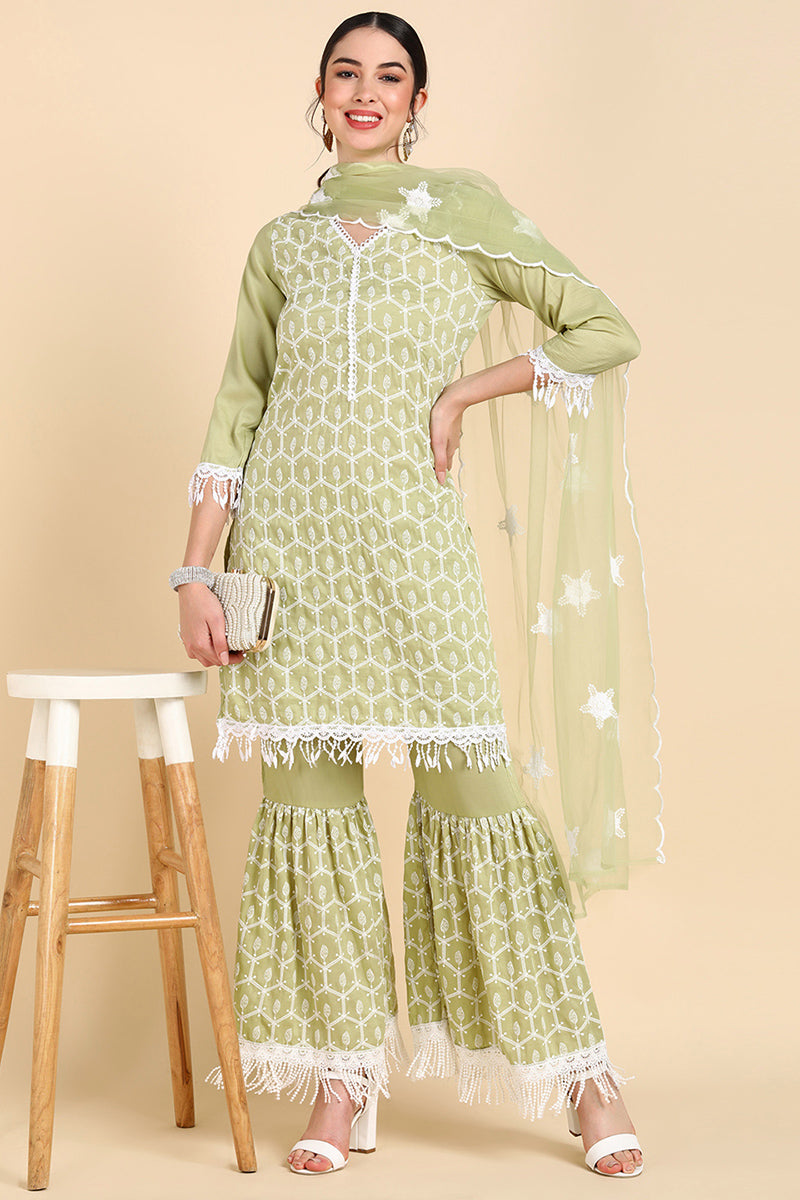 Women's Poly Silk Embroidered Kurta Sharara With Dupatta