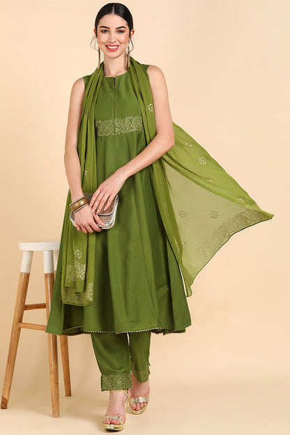 Women's Poly Silk Solid Kurta Pants With Dupatta Set