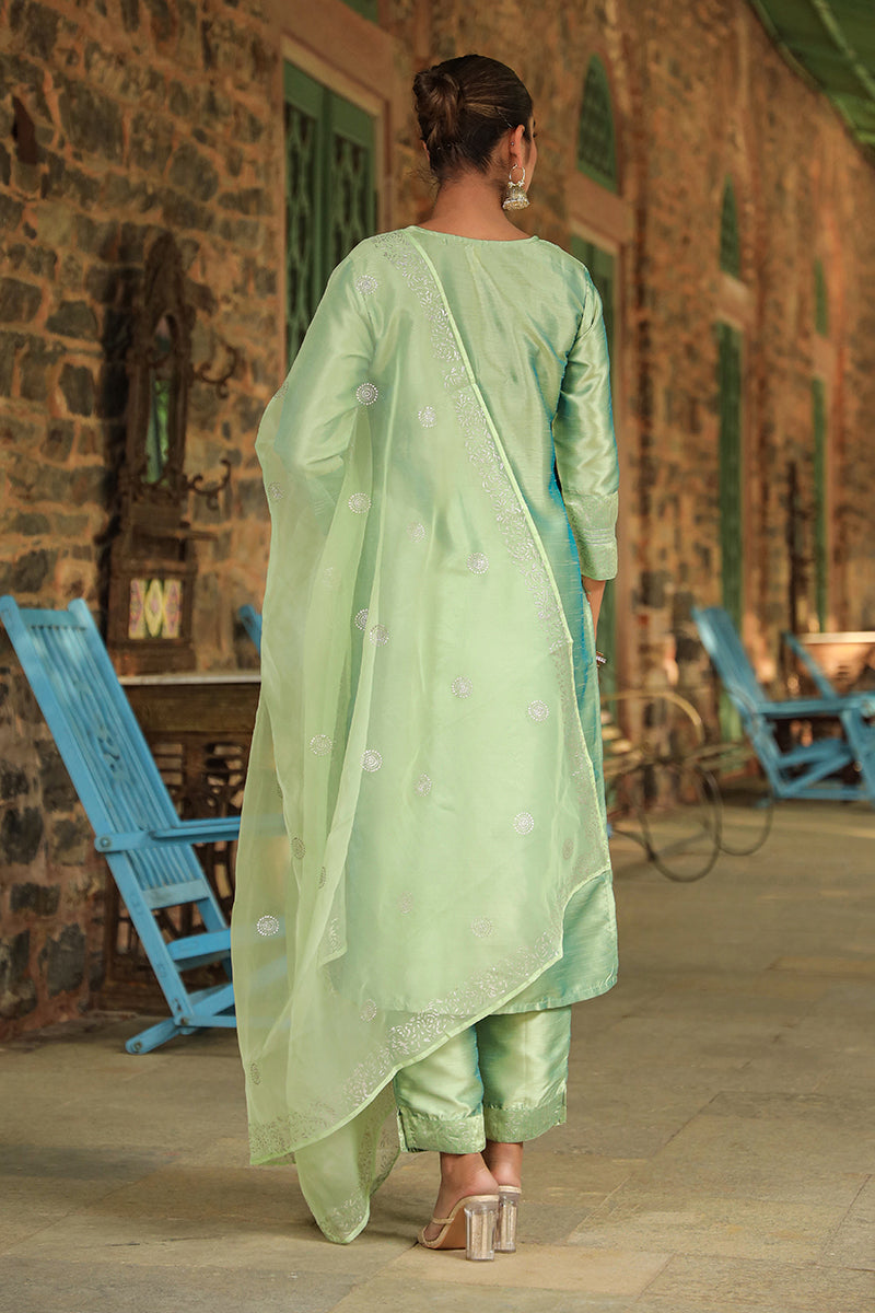 Women's Poly Silk Embroidered Kurta Pants Dupatta Set