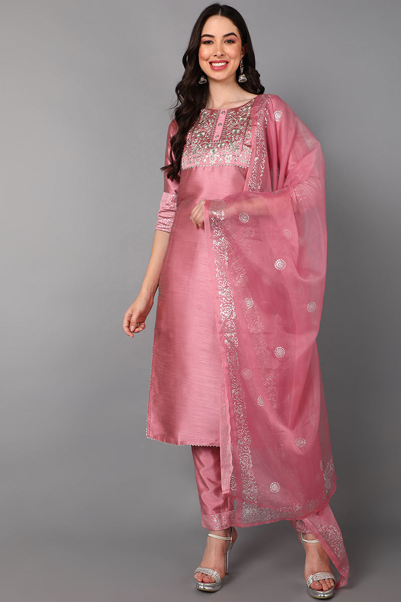 Women's Poly Silk Embroidered Kurta Pants Dupatta Set