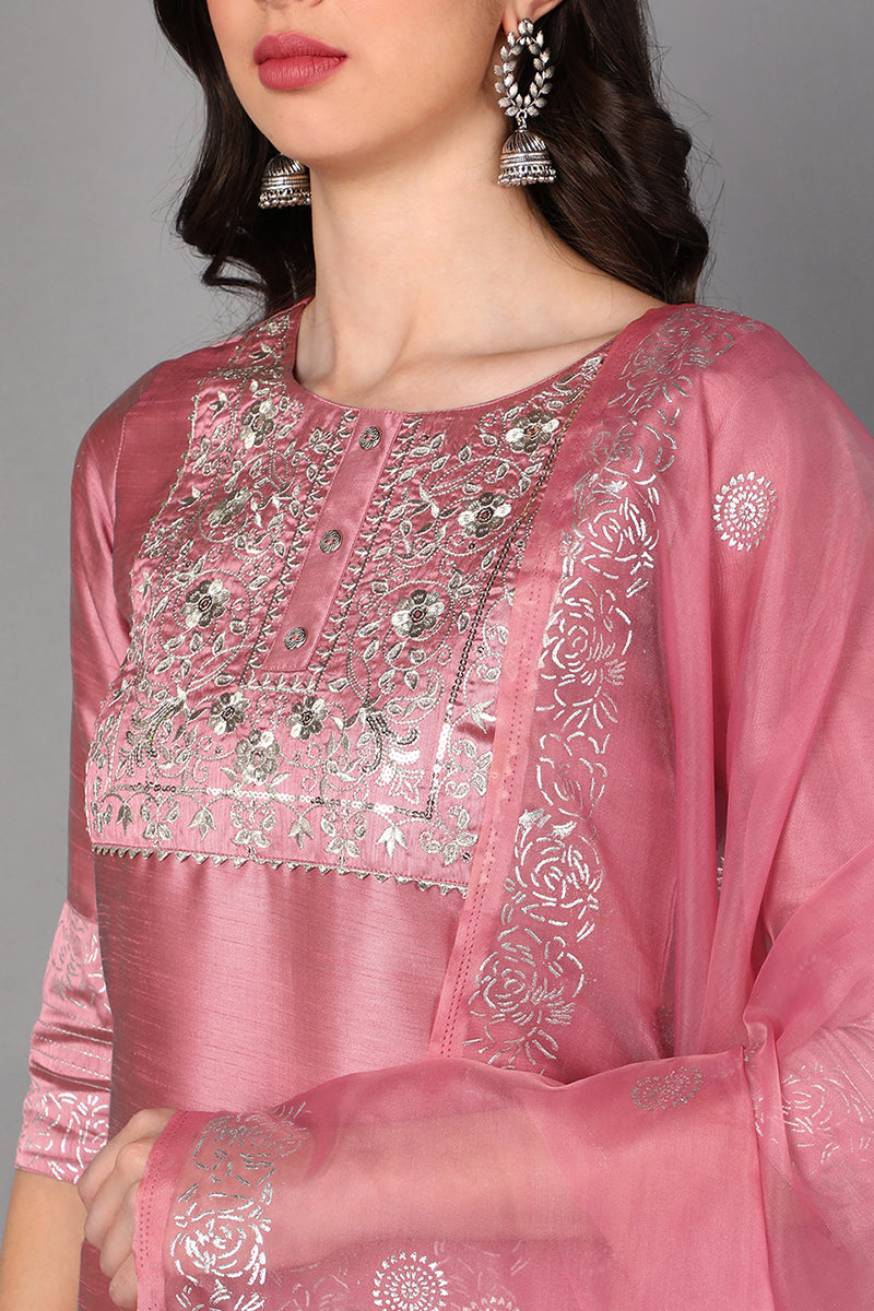 Women's Poly Silk Embroidered Kurta Pants Dupatta Set