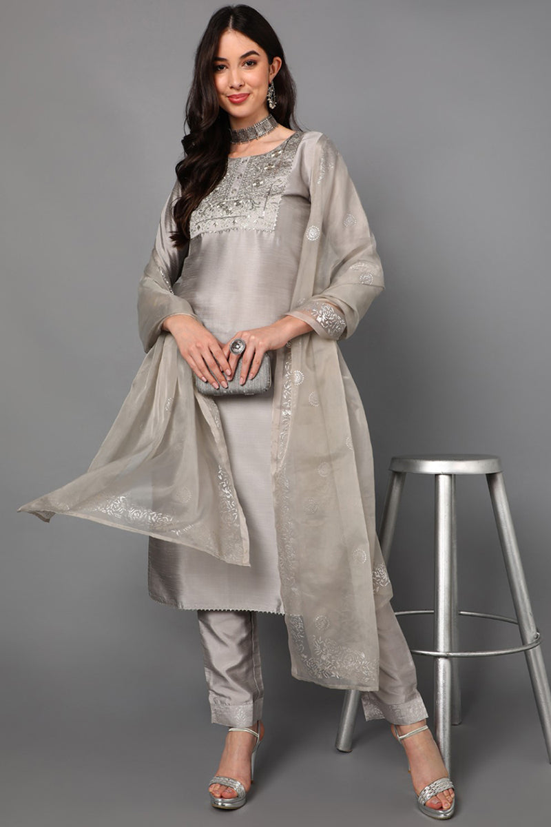 Women's Poly Silk Embroidered Kurta Pants Dupatta Set