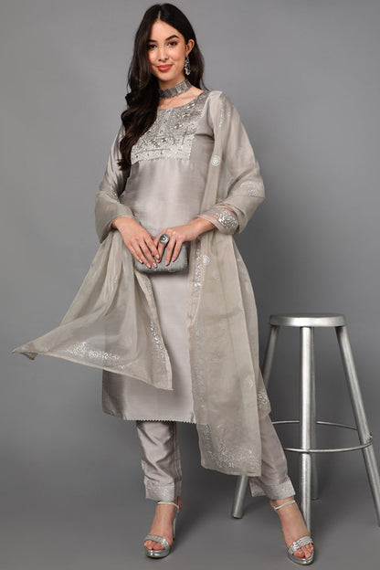 Women's Poly Silk Embroidered Kurta Pants Dupatta Set