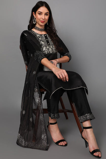 Women's Poly Silk Embroidered Kurta Pants Dupatta Set