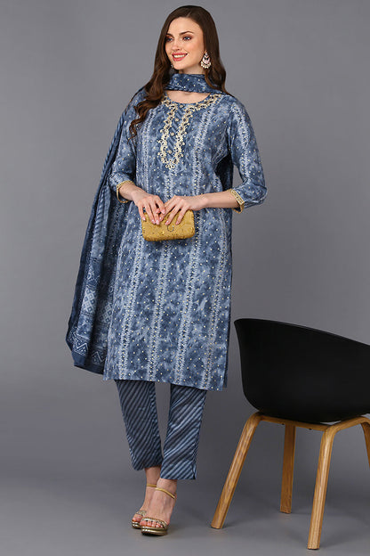 Women's Poly Silk Dyed Gold Print Kurta Pants With Dupatta