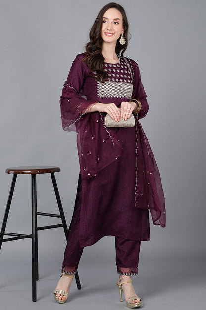 Women's Poly Silk Yoke Design Kurta Pants With Dupatta