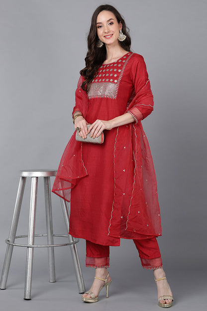 Women's Poly Silk Yoke Design Kurta Pants With Dupatta