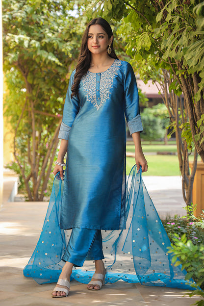 Women's Poly Silk Yoke Design Kurta Pants With Dupatta
