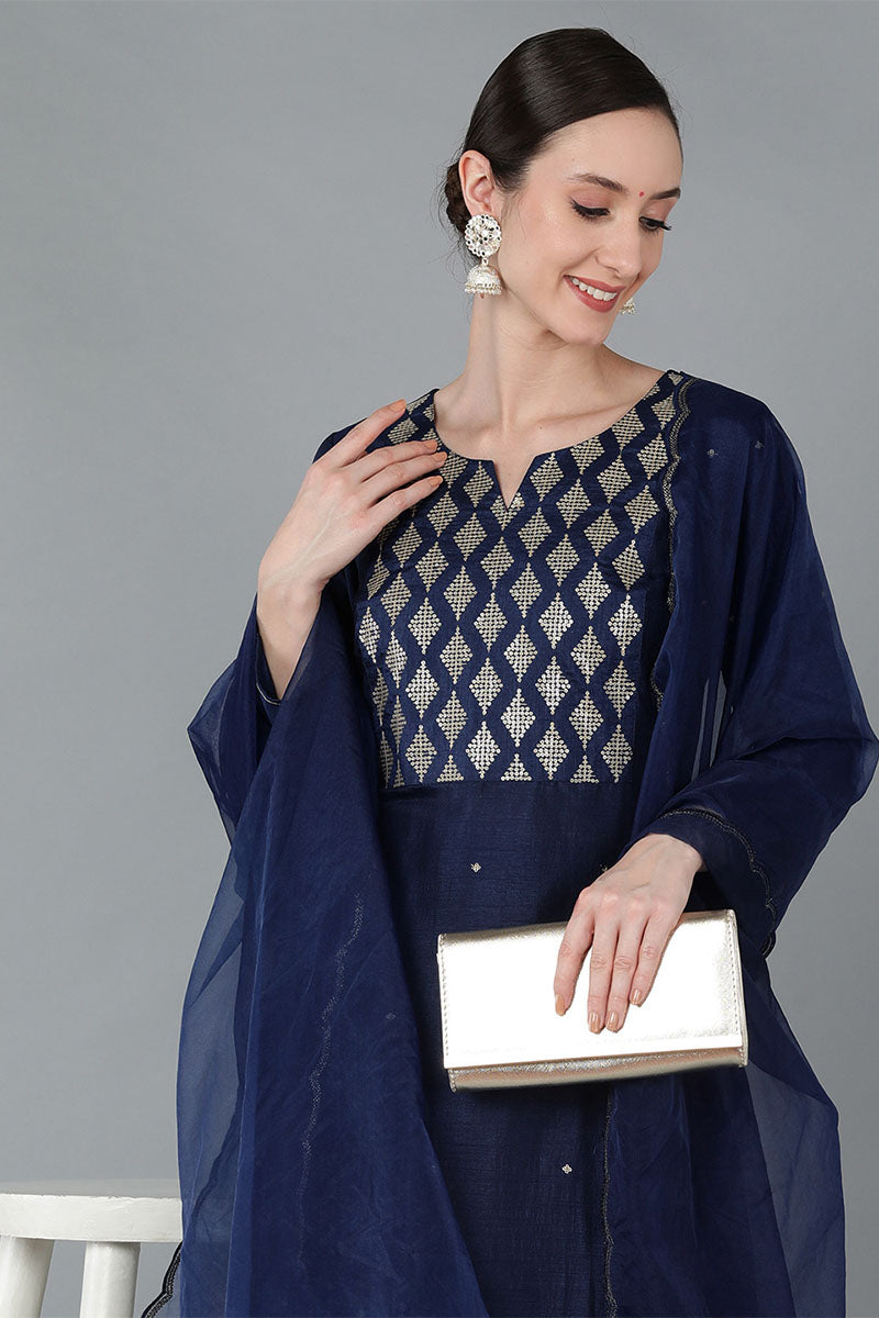 Women's Silk Blend Yoke Design Kurta Pants With Dupatta