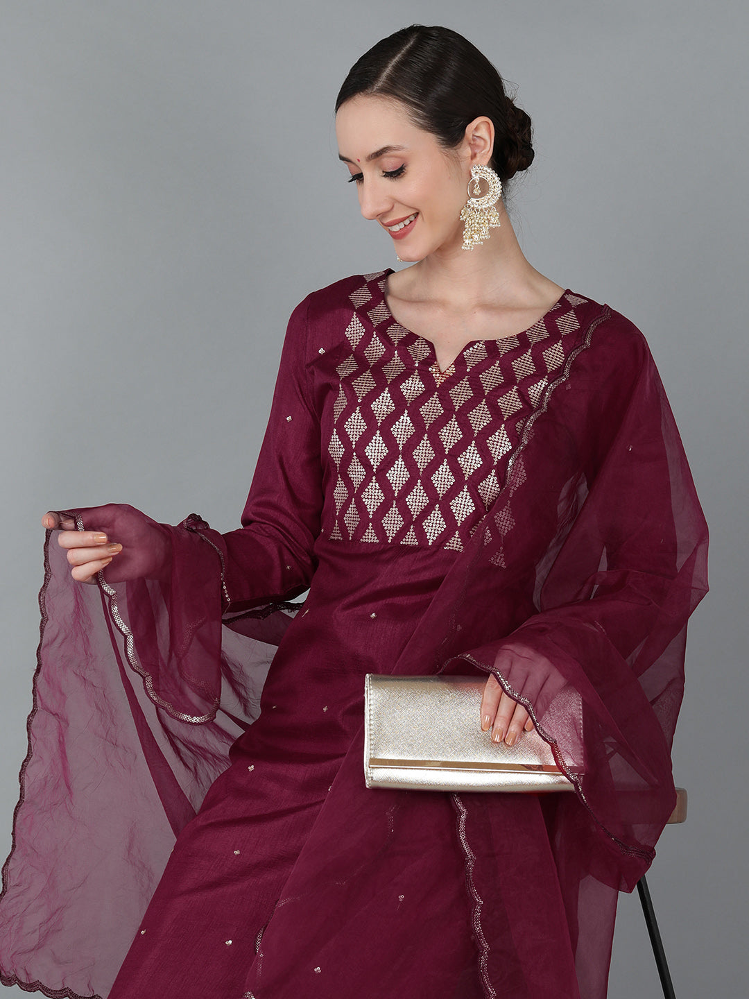 Women's Silk Blend Yoke Design Kurta Pants With Dupatta