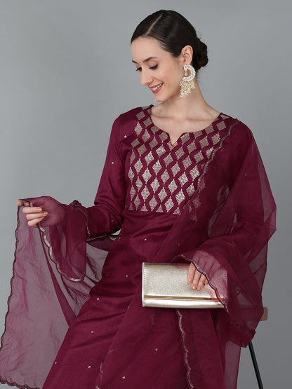 Women's Silk Blend Yoke Design Kurta Pants With Dupatta