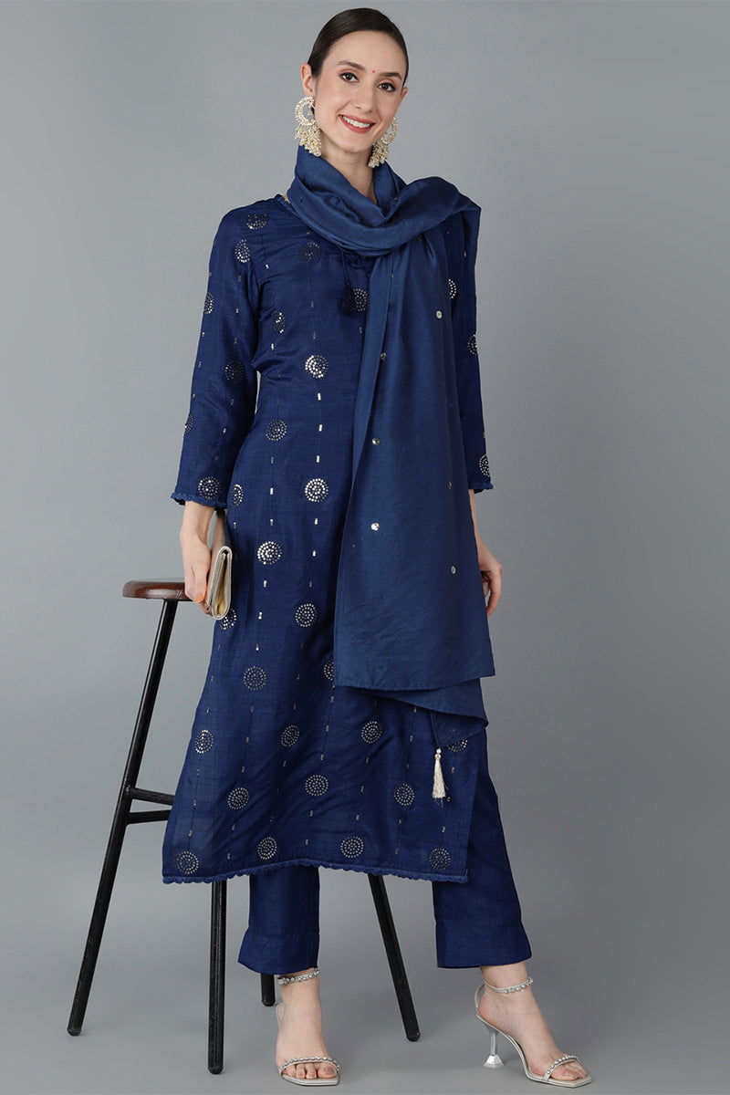 Women's Silk Blend Solid Kurta Pants With Dupatta
