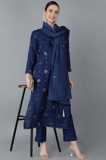 Women's Silk Blend Solid Kurta Pants With Dupatta