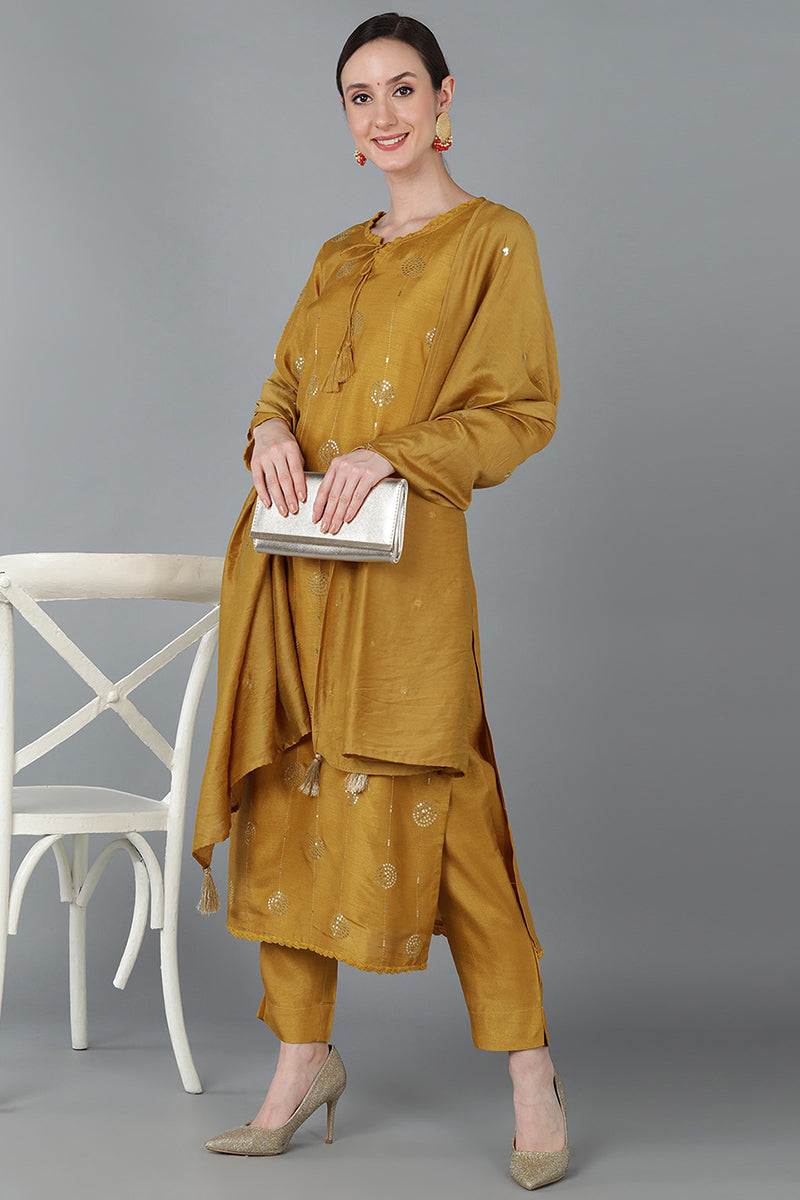 Women's Silk Blend Solid Kurta Pants With Dupatta