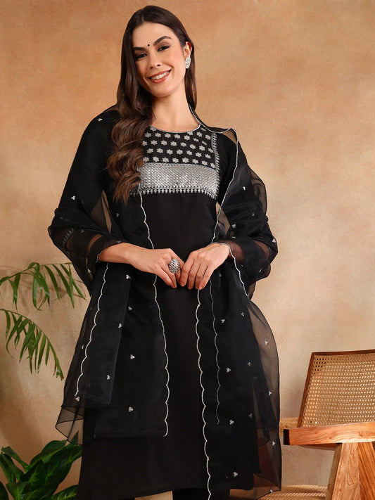 Women's Poly Silk Yoke Design Sequinned Kurta Pants With Dupatta