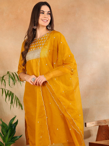 Women's Poly Silk Yoke Design Sequinned Kurta Pants With Dupatta