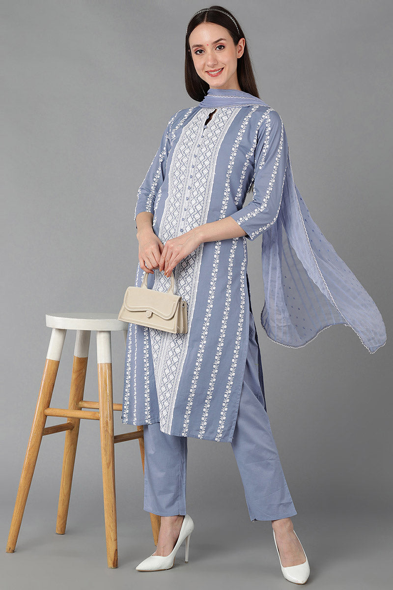 Women's Silk Blend Embroidered Kurta Pants With Dupatta