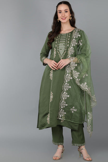 Women's Silk Blend Embroidered Kurta Pant With Dupatta