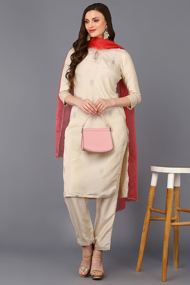 Women's Silk Blend Beige Embroidered Straight Kurta Pant With Dupatta