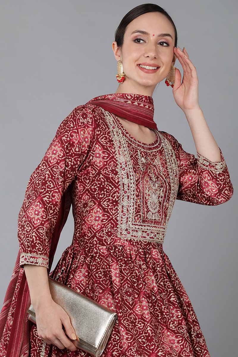 Women's Chanderi Silk Yoke Design Abstract Printed Kurta Pant With Dupatta