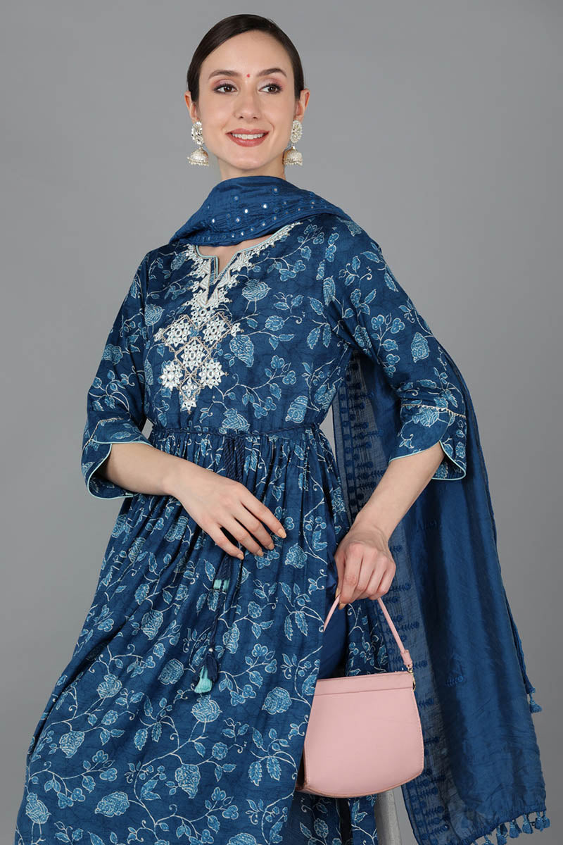 Women's Chanderi Silk Floral Printed Kurta Pant With Dupatta