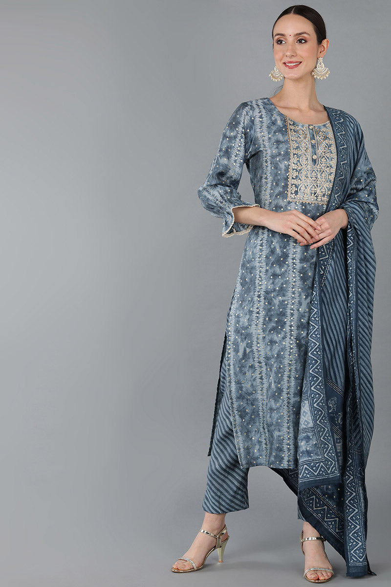Women's Silk Blend Dyed Embroidered Kurta Pant With Dupatta