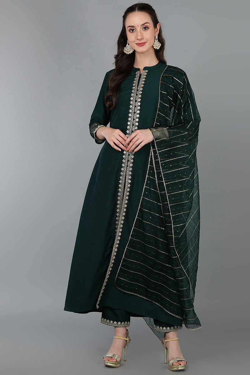 Women's Silk Blend Embroidered Solid Kurta Pant With Dupatta