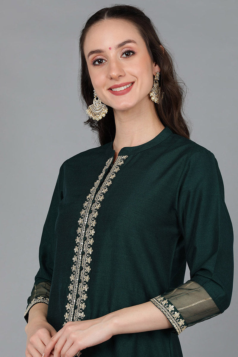 Women's Silk Blend Embroidered Solid Kurta Pant With Dupatta