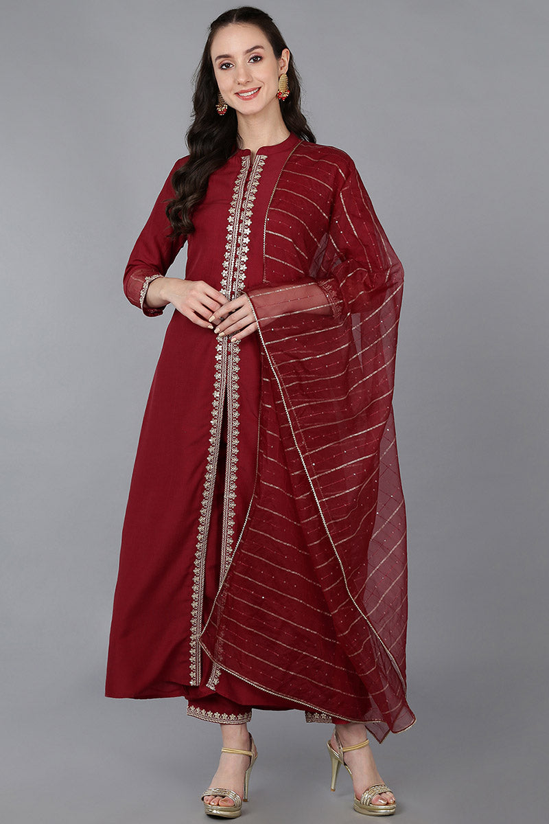 Women's Silk Blend Embroidered Solid Kurta Pant With Dupatta