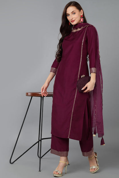 Women's Silk Blend Embroidered Solid Kurta Pant With Dupatta