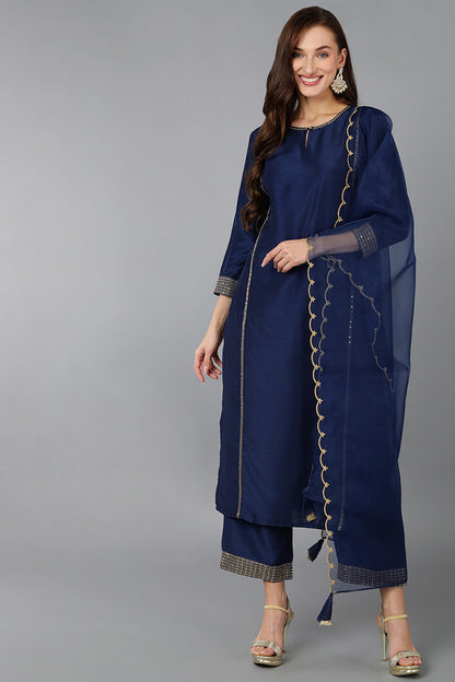 Women's Silk Blend Embroidered Solid Kurta Pant With Dupatta