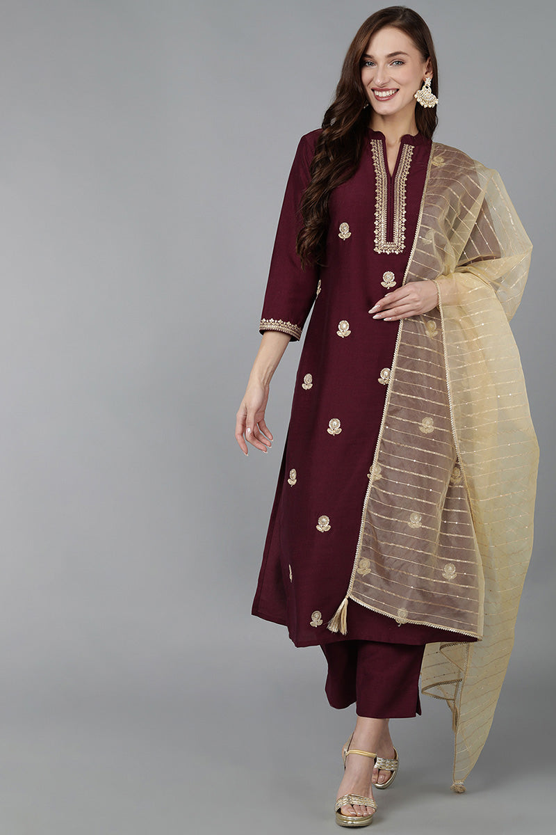 Women's Silk Blend Embroidered Kurta Pant With Dupatta