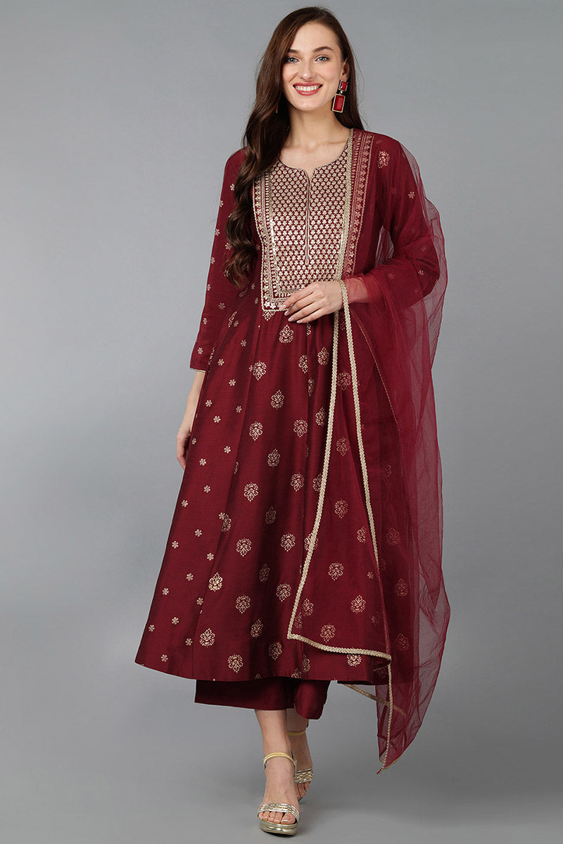 Women's Silk Blend Embroidered Woven Design Kurta Pant With Dupatta
