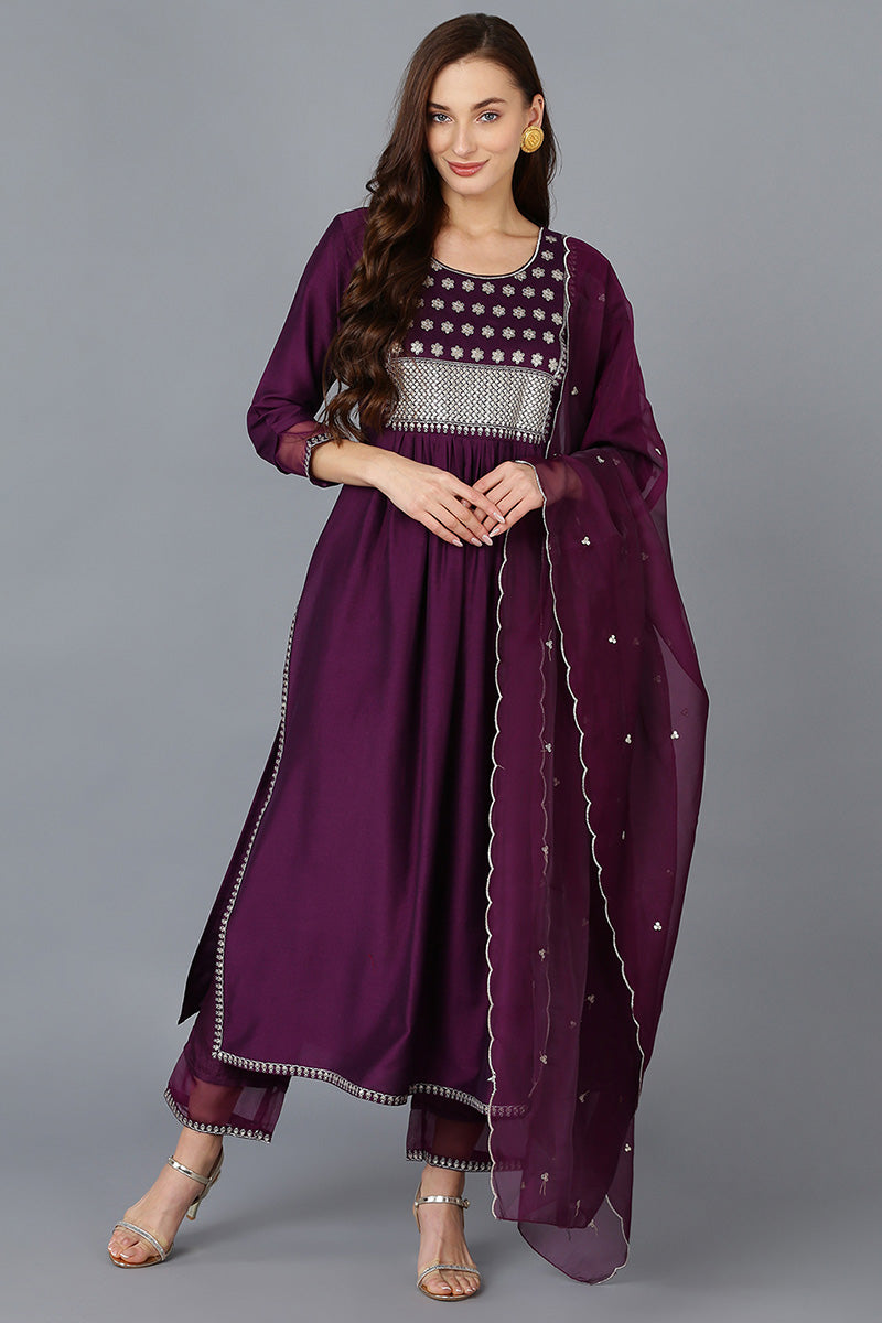 Women's Silk Blend Yoke Design Kurta Pant With Dupatta