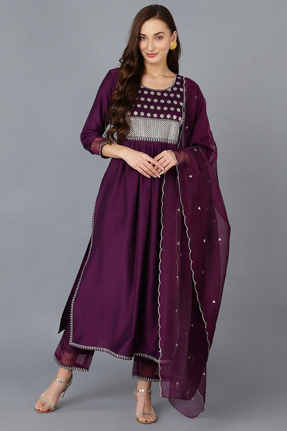 Women's Silk Blend Yoke Design Kurta Pant With Dupatta