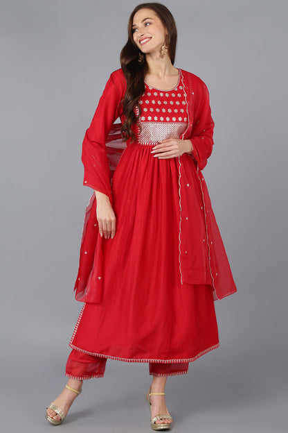 Women's Silk Blend Embroidered Solid Kurta Pant With Dupatta