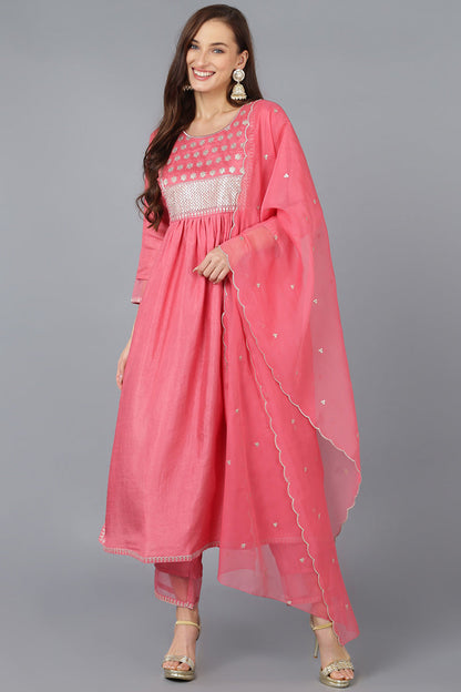 Women's Silk Blend Embroidered Solid Kurta Pant With Dupatta
