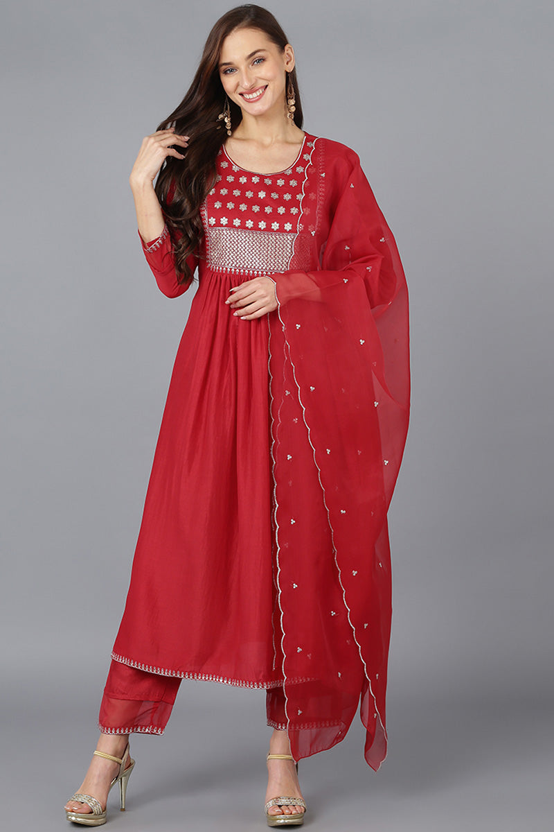 Women's Silk Blend Embroidered Solid Kurta Pant With Dupatta