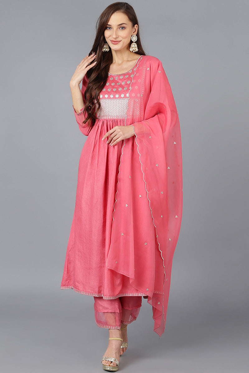 Women's Silk Blend Embroidered Solid Kurta Pant With Dupatta