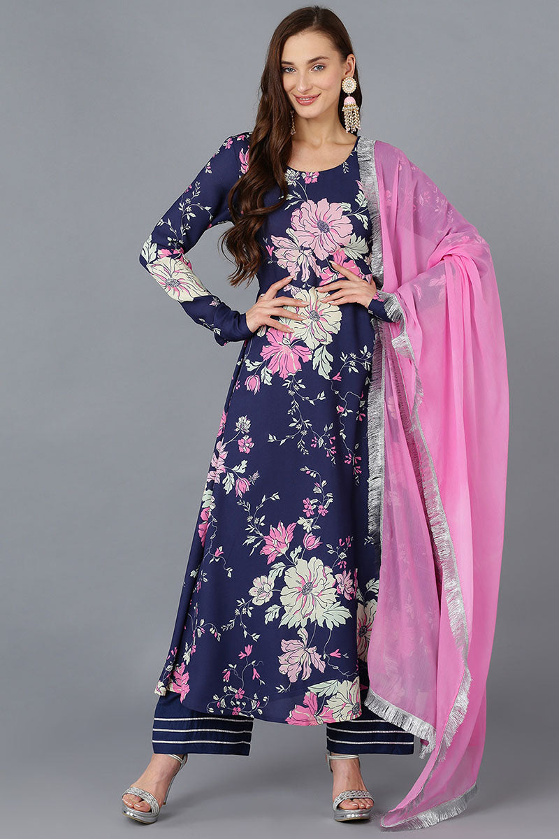 Women's Poly Georgette Floral Printed Kurta Pant With Dupatta