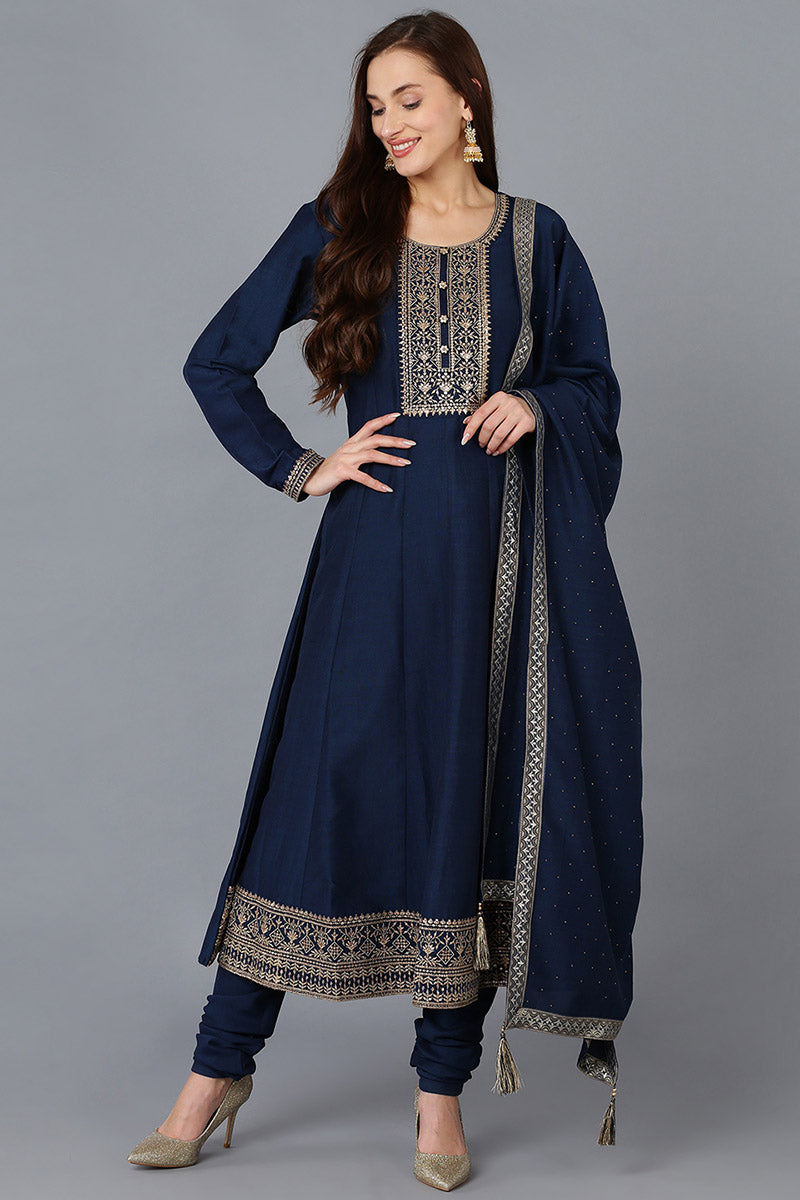 Women's Silk Blend Embroidered Kurta Pant With Dupatta