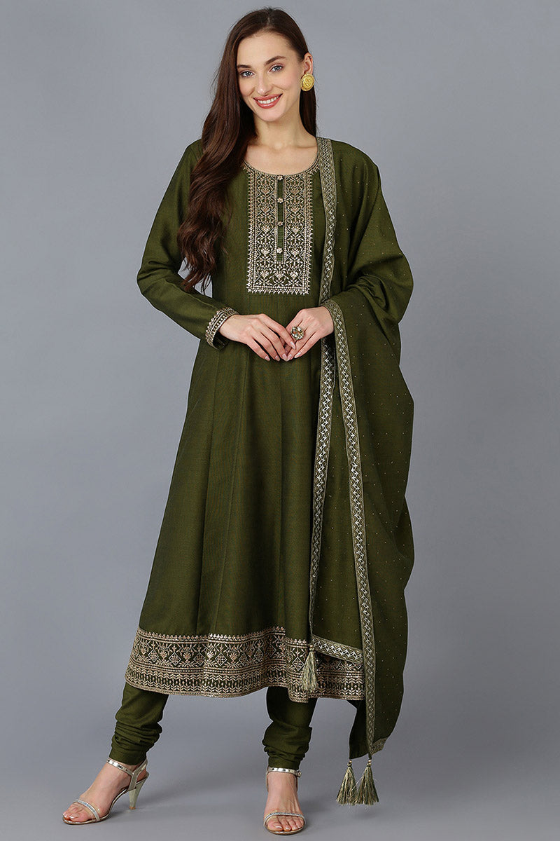 Women's Silk Blend Embroidered Kurta Pant With Dupatta