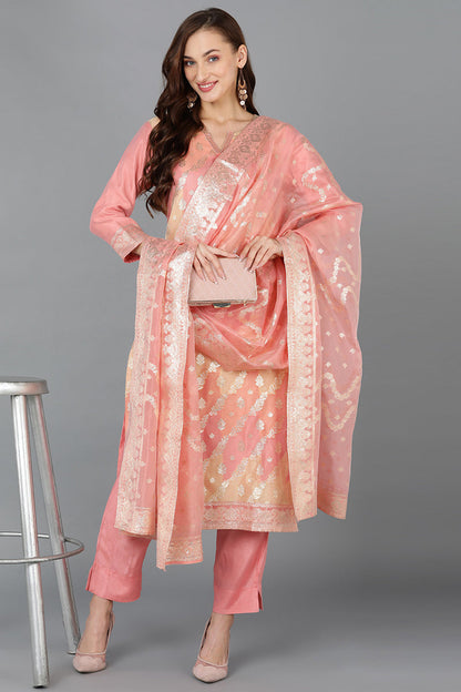 Women's Poly Chanderi Woven Design Abstract Printed Kurta Pant With Dupatta