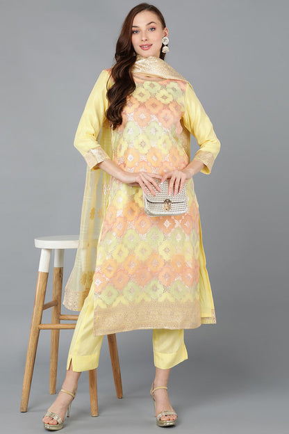 Women's Poly Chanderi Woven Design Abstract Printed Kurta Pant With Dupatta