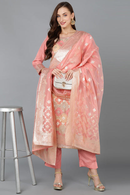 Women's Poly Chanderi Woven Design Abstract Printed Kurta Pant With Dupatta