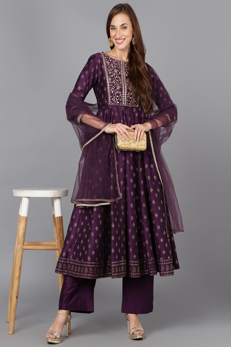Women's Silk Blend Embroidered Kurta Pant With Dupatta