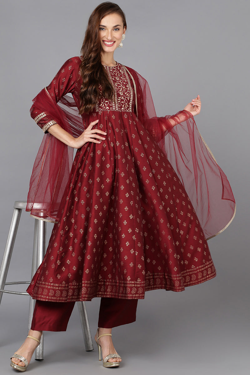 Women's Silk Blend Embroidered Kurta Pant With Dupatta
