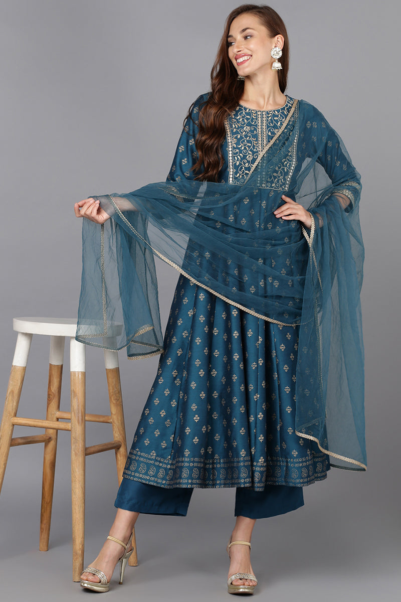 Women's Silk Blend Embroidered Kurta Pant With Dupatta